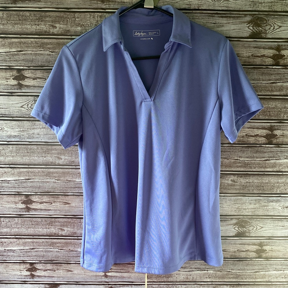 Lady Hagen Women's Short-Sleeved Top Size L Purple Hydro-Dri‎ V-Neck NWT